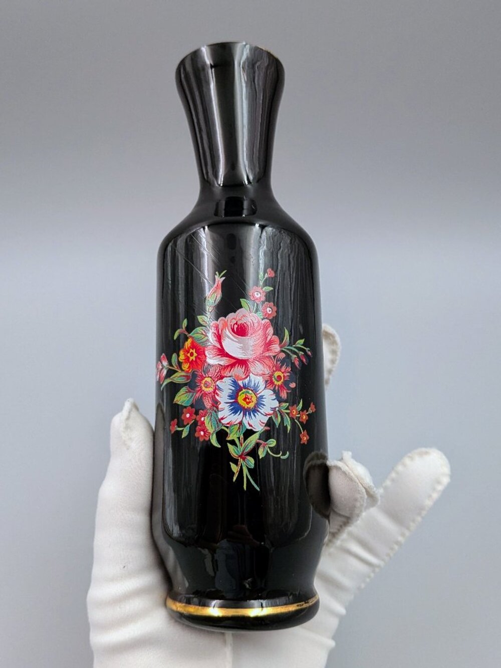 Vintage UCGC Black Glass Bud Vase with Floral Motif & Gold Trim